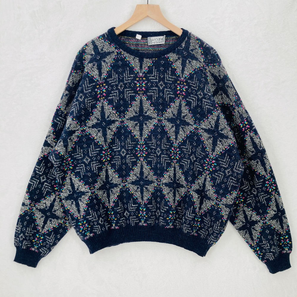 Vintage Progetto Sweater Adult XL Blue Geometric Retro Wool Blend Made in Italy